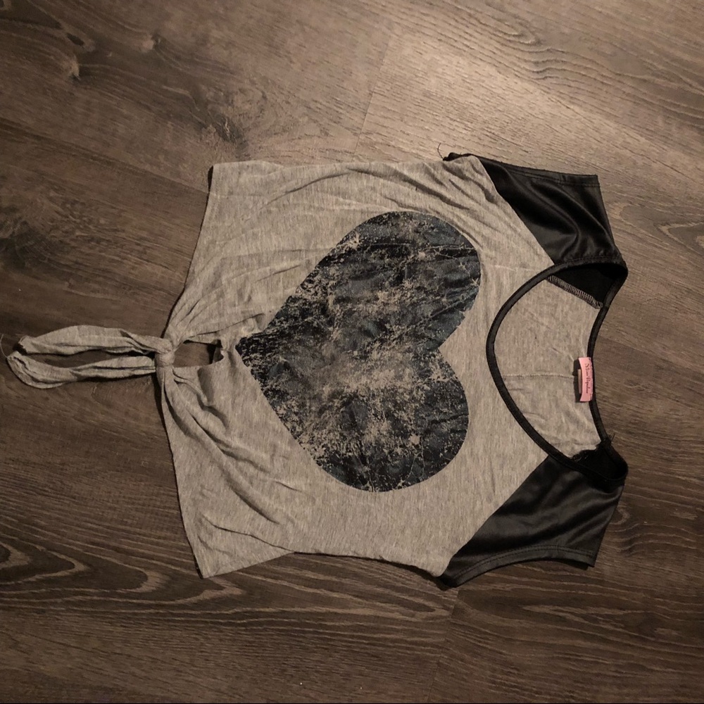 Grey shirt with black heart that ties at bottom